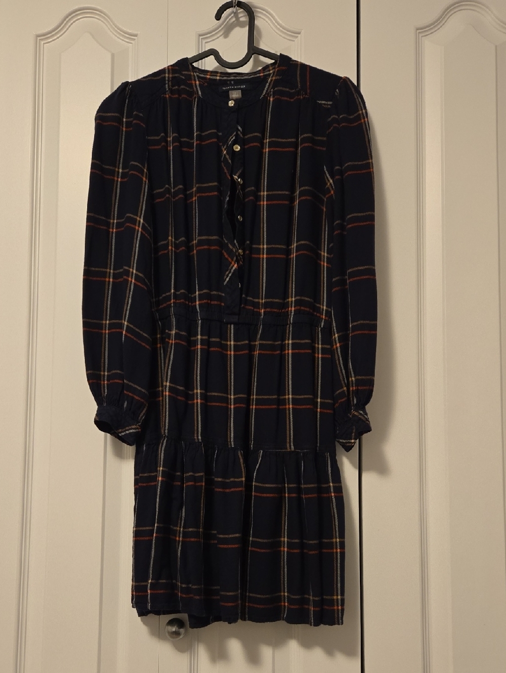 Tommy Hilfiger Navy Plaid Long-Sleeve Tiered Dress